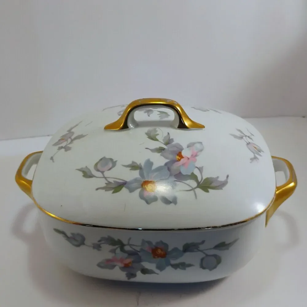 Vintage Japan Covered Vegetable Dish – Floral Pastel & Gold Trim – 8